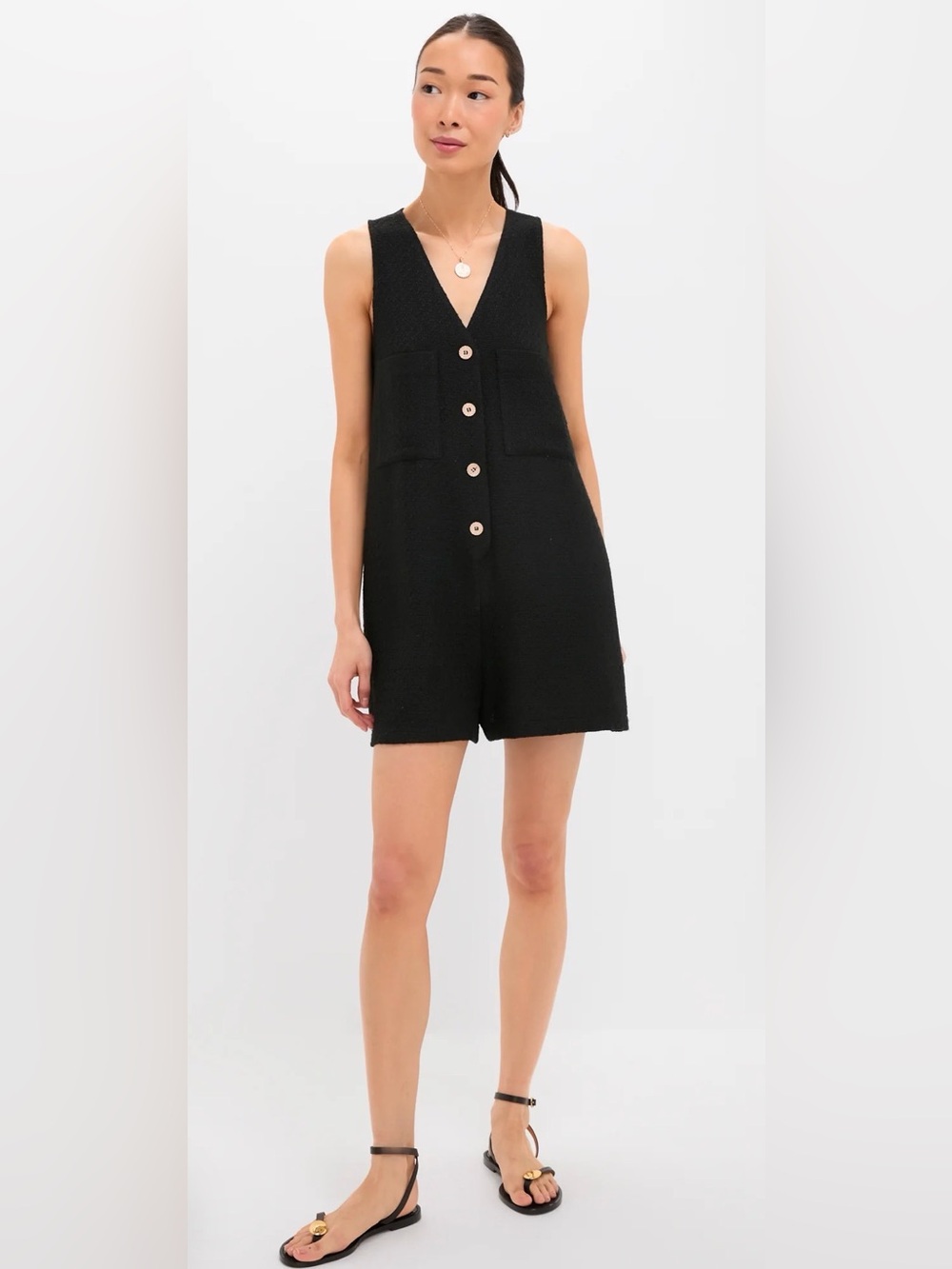 Tuckernuck Black V-Neck Button-Front Textured Knit Shorts Myla Romper Size XXS
